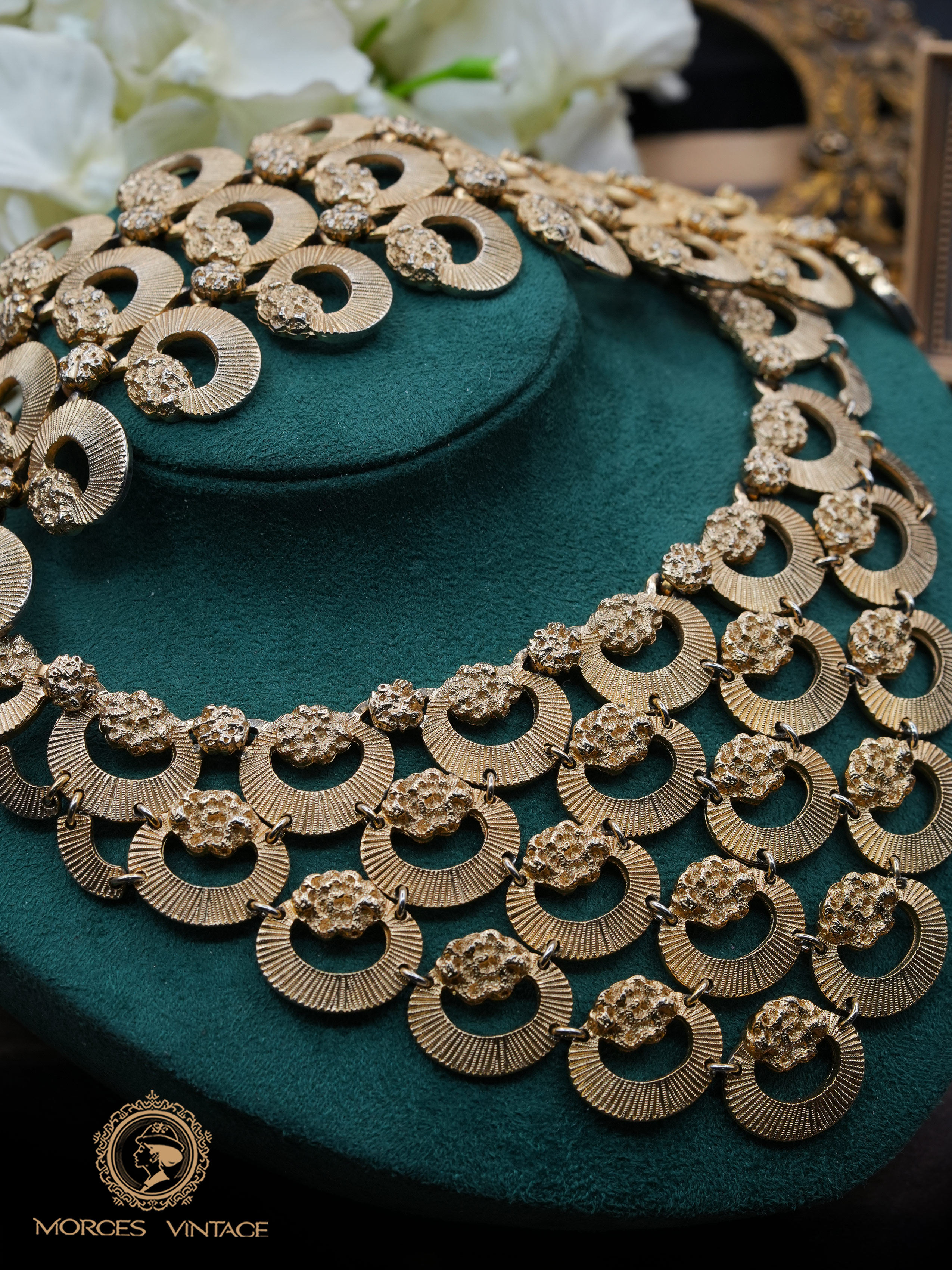 Vintage-G复古首饰MONET1950年超稀有的大型金属浮雕项链手链套装