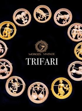 Vintage中古首饰TRIFARI收藏品十二星座宫浮雕徽章胸针