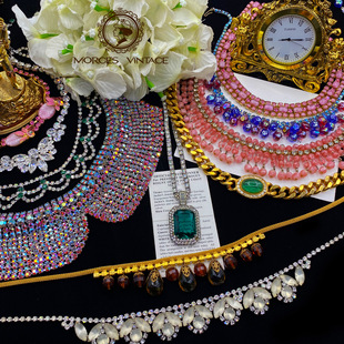 Vintage-S2复古古董首饰CHOKER水晶钻juliana珍珠金色项圈短项链