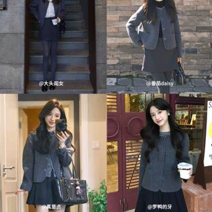 【Chunxi】100绵羊毛~刘些宁同款小香风水钻领双面呢蓝莓短大衣女