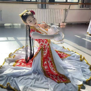 新疆维吾尔族舞蹈服装儿童成人新款马甲大摆裙练习裙艺考民族服装