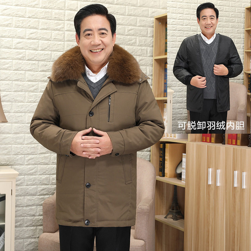 2025新款中老年男士可脱卸内胆配真毛领羽绒服