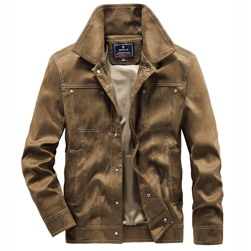 廘皮夹克大码春秋季工装运动翻领复古夹克男士休闲上衣宽松外套