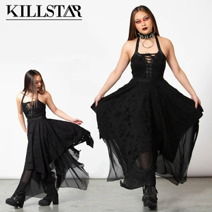 吉儿英国Killstar朋克BADLAND暗黑之地不规则割破深V挂脖连衣裙