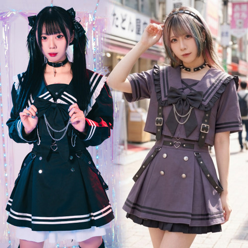 吉儿朋克】原创量产型暗夜甜心短版长袖水手服JK制服高腰短裙套装