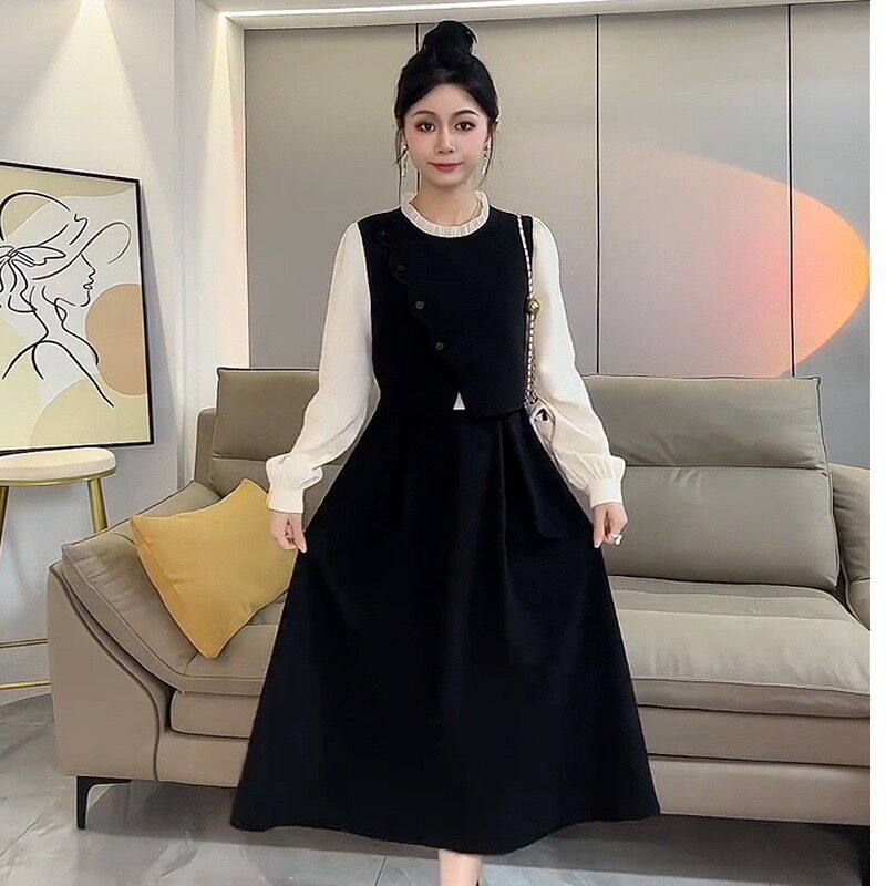 假两件套连衣裙女2025春秋新款气质优雅名媛范长袖裙子