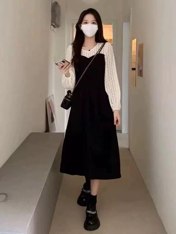 大码法式蕾丝拼接长袖连衣裙女胖妹妹春秋新款小个子收腰显瘦长裙