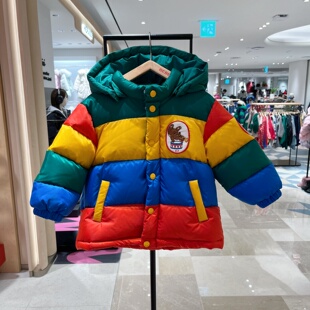 韩国代购BEBEDEPINO贝贝品诺儿童25冬彩色条纹带帽厚款80%羽绒服