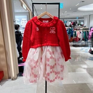 韩国代购BEBEDEPINO贝贝品诺儿童可爱蝴蝶结毛衣拼接网纱连衣裙