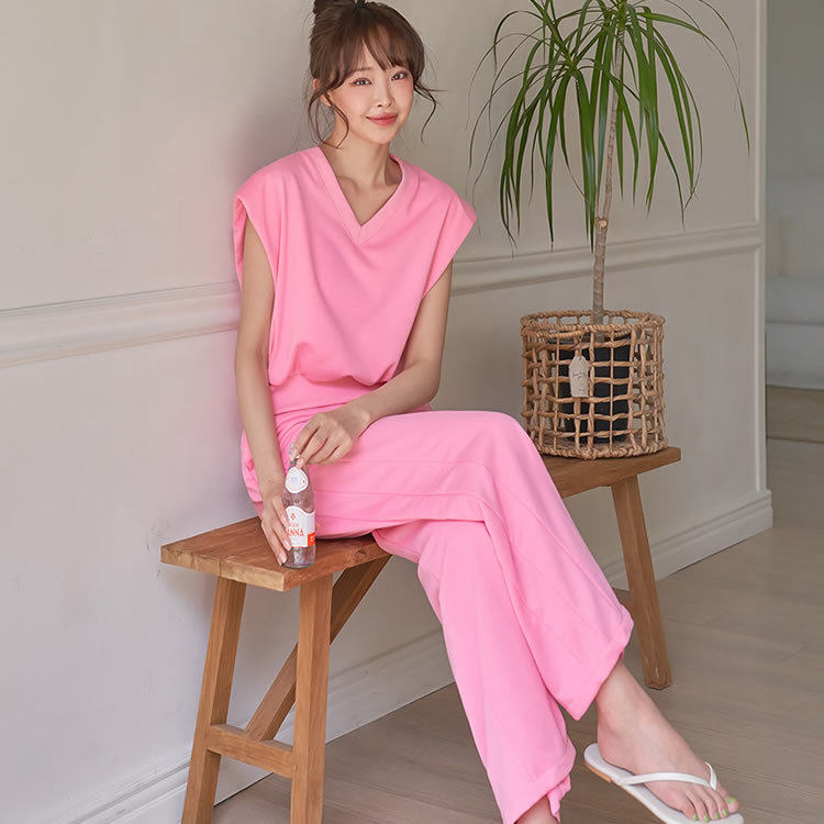 时尚起义韩国套装潮范2026春V领垫肩短恤宽松上衣+长裤ps26042201