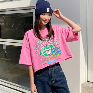 起义韩国潮范2026春georgia字母圆领毛边短腰T恤ps26040302 时尚