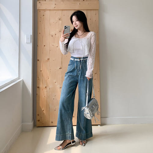 时尚起义细腰宽裤腿直筒牛仔裤