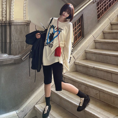 时尚起义爱心黑猫咪宽松长袖T恤