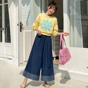 时尚起义韩国潮范2026春松紧腰拼色8分阔腿牛仔裙裤ps26032302