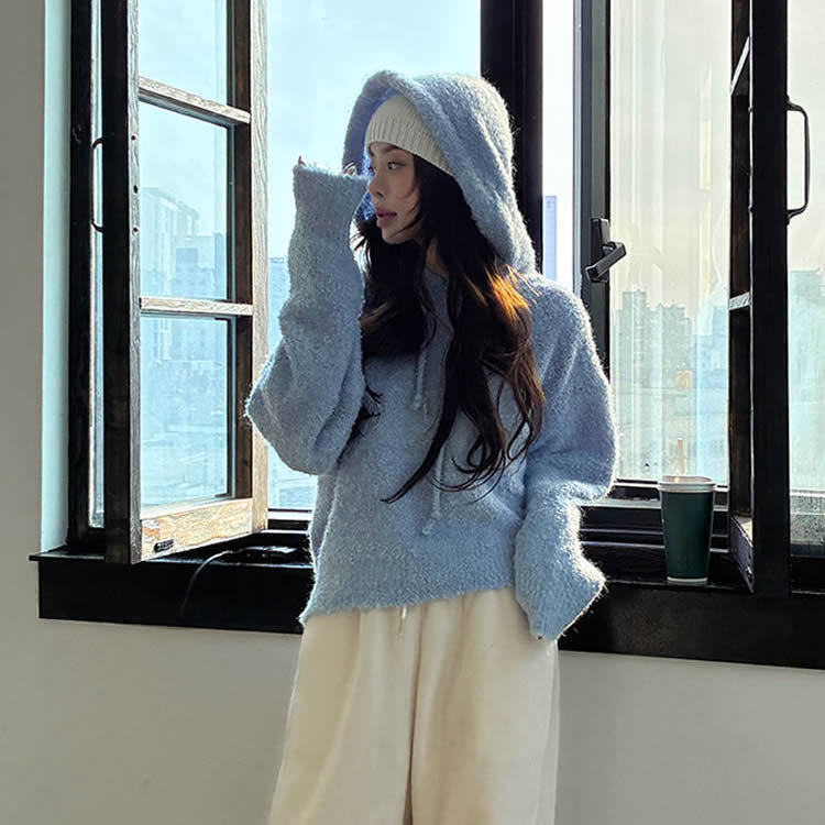 时尚起义韩国潮范2025冬软糯爽滑厚实连帽宽松针织衫tm25111801