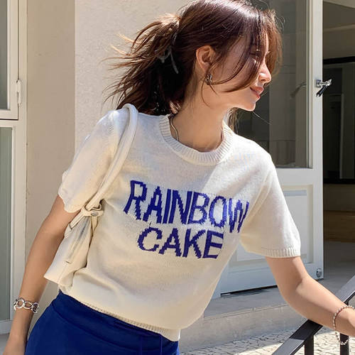 潮范Rainbow字母圆领短袖针织衫