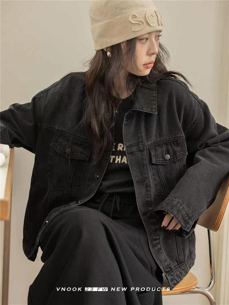 VNOK 洗牛仔外套女2032秋新款宽松休闲字母水绣花WBO翻O领中长款