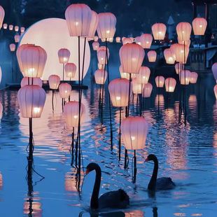 古风户外渐变布艺防水公园湖畔水面灯景区庙会孔明许愿花灯笼布置