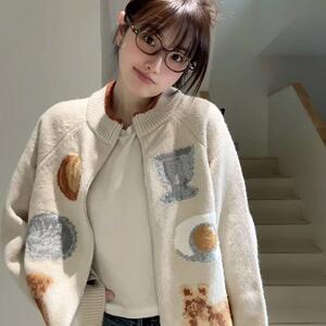加厚版！慵懒风重工提花拉链毛衣开衫女春季新款韩版宽松针织外套
