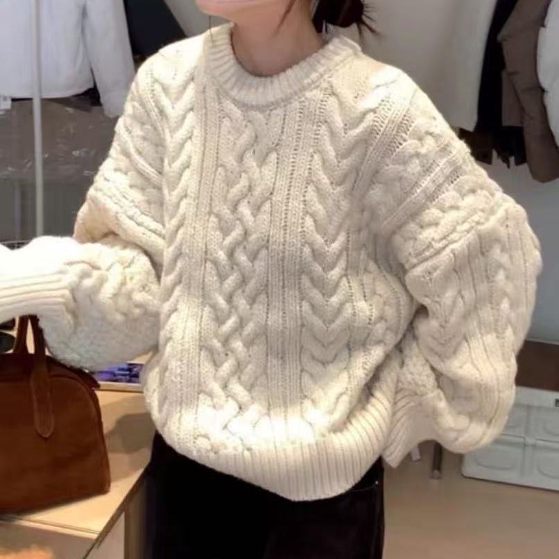 加厚版!粗针麻花套头毛衣女2025秋冬新款韩版宽松打底针织衫上衣