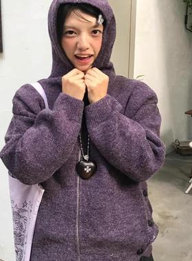 加厚版！紫色连帽拉链毛衣开衫女秋季新款韩版宽松长袖针织衫上衣