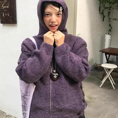 加厚版！紫色拉链连帽开衫毛衣