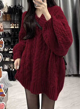 加厚版！洋气红色慵懒风V领麻花套头毛衣女春装新款宽松针织衫潮