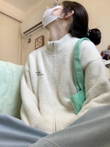 oversize！白色立领水貂绒毛衣开衫女外套春装新款拉链针织衫开衫