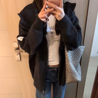 超重工！慵懒风黑色连帽毛衣开衫