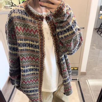 慵懒风费尔岛单排扣毛衣开衫