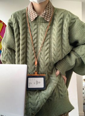 加厚版！绿色复古麻花毛衣女2025秋装新款韩版宽松慵懒风长袖针织