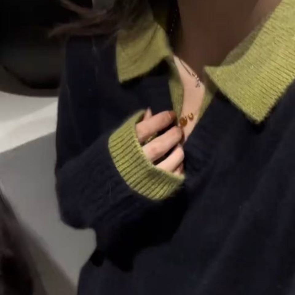 超韩系！撞色polo领假两件毛衣女秋冬新款韩版宽松套头针织衫上衣