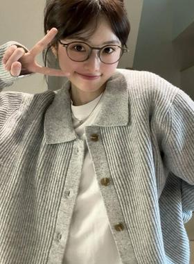 oversize！灰色翻领单排扣毛衣开衫女秋装新款韩版宽松针织衫上衣