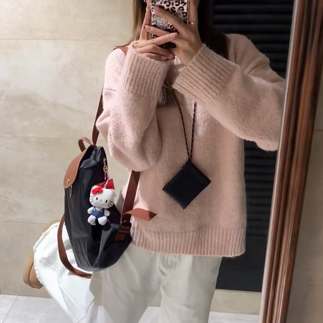 软糯粉!慵懒风圆领套头毛衣女秋冬新款韩版宽松加厚针织衫上衣潮