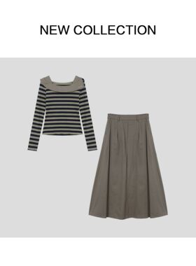 日常通勤穿搭条纹上衣+半长裙套装 D1538038