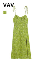 法式复古绿色碎花开叉吊带裙2020新款高腰修身显瘦超仙气质连衣裙