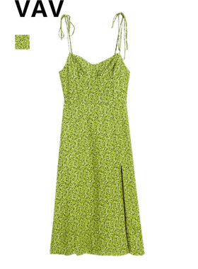 法式复古绿色碎花开叉吊带裙2020新款高腰修身显瘦超仙气质连衣裙