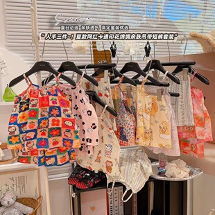 儿童棉绸吊带短裤套装夏季薄款女童卡通睡衣宝宝无袖家居服两件套