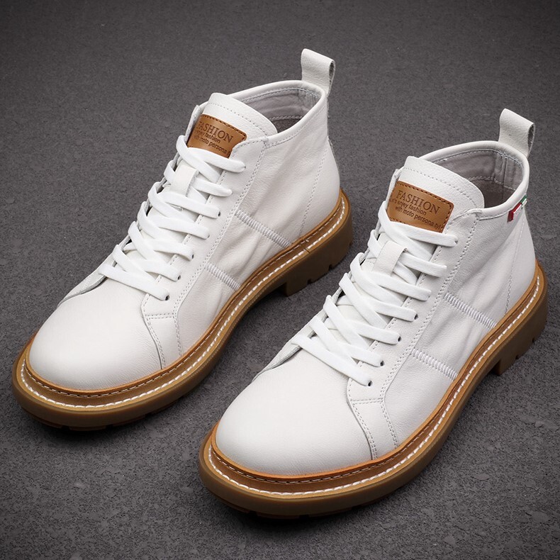 真皮男士马丁靴男新款潮鞋休闲高帮百搭工装靴子白色英品牌1001y