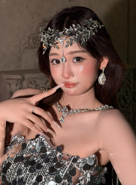 清冷银色满钻树叶水滴流苏头冠