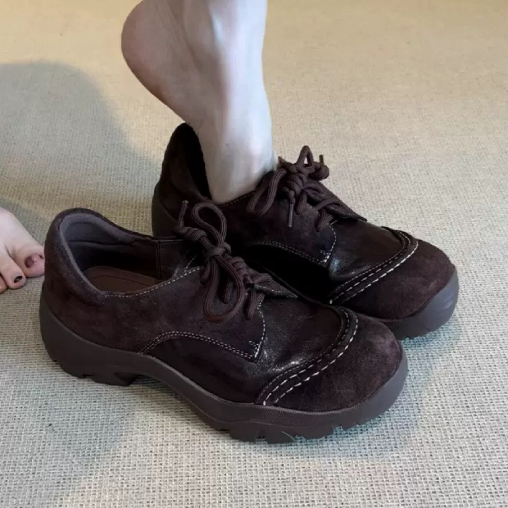 羊皮版复古风厚底增高小皮鞋