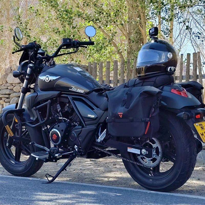 适用钱江QJ闪300S闪350S边包皮质侧边箱复古改装摩托车帆布包靠背