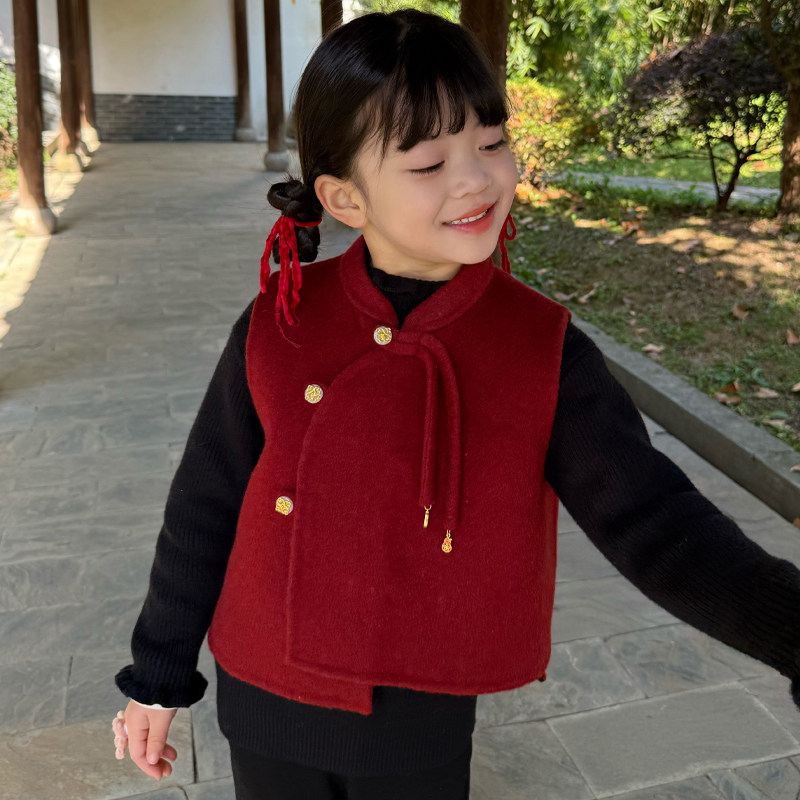 女童新中式红色马甲秋冬男宝宝拜年服双面羊毛背心中国风过年衣服