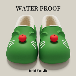 可爱防水棉拖鞋女冬季包跟2025新款室内居家保暖厚底毛毛棉鞋