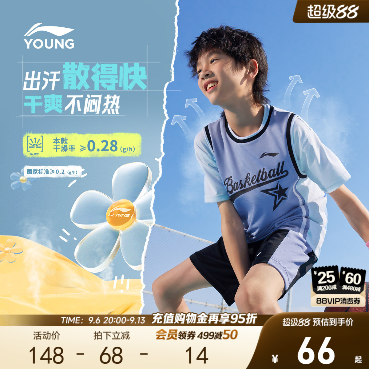 2件|李宁儿童速干凉感篮球服图片