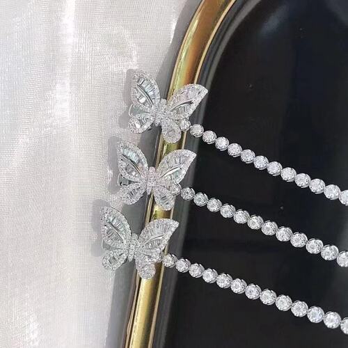 18K白金镶嵌女款1.4克拉天然南非梯方钻圆钻钻石蝴蝶手链真金真钻