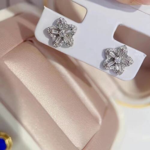 18K金女镶0.4克拉天然南非高品质钻石梯方钻圆钻小花耳钉真金真钻