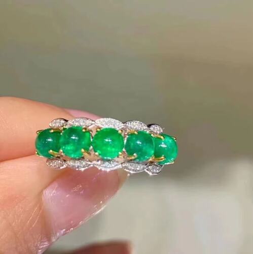 18K金女镶嵌南非高品质钻石2克拉天然荧光体祖母绿戒指排戒送证书