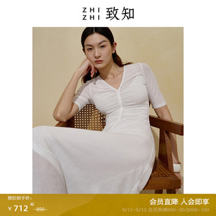 夏季 致知ZHIZHI 连衣裙2023女新款 法式 章台 气质抽褶收腰白色温柔