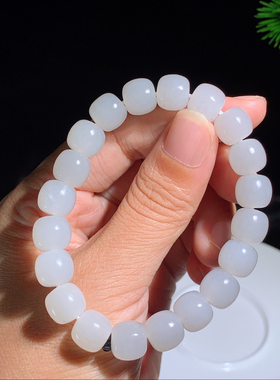 纯天然新疆和田玉点墨青花白玉老型珠手串白玉青花手链9/10mm女款